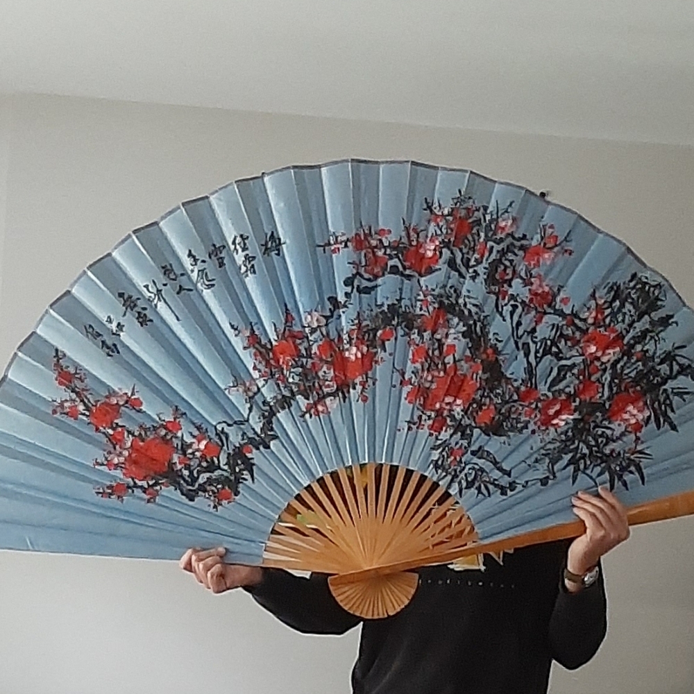 Elegant Vintage Large 35 in Tall Oriental Hand Painted Folding Wall Hanging Fan